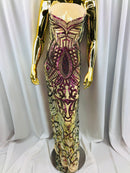 Iridescent Purple/Green Sequins on Nude Mesh, Royalty Design Embroidered on a Mesh 4way Stretch Sequin-Prom-Gown By The Yard