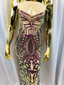 Iridescent Purple/Green Sequins on Nude Mesh, Royalty Design Embroidered on a Mesh 4way Stretch Sequin-Prom-Gown By The Yard