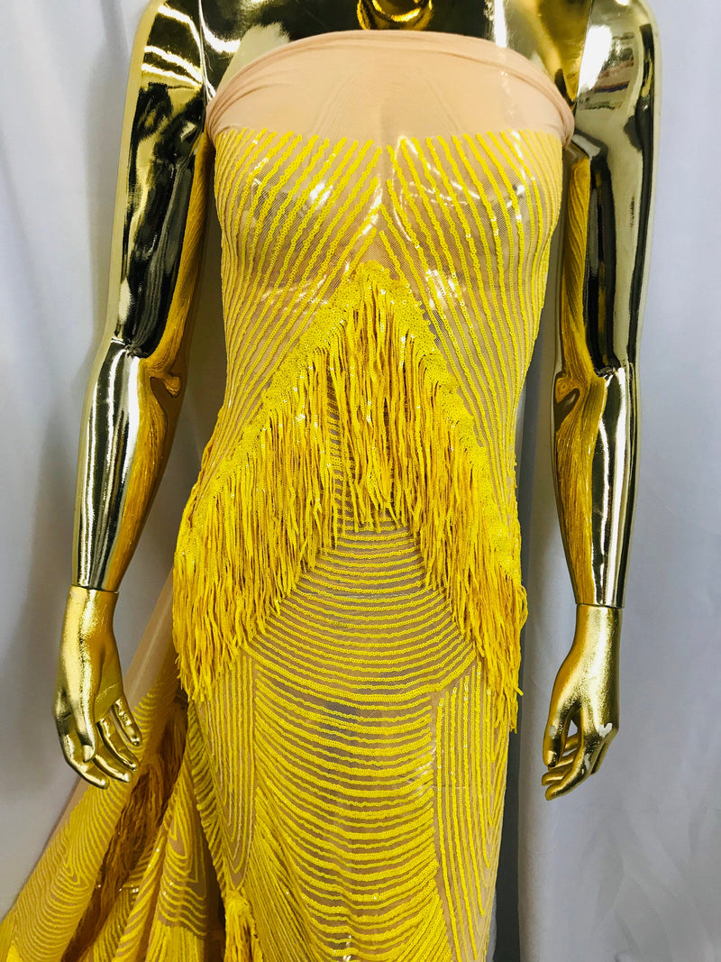 Yellow Fringe Sequins on Nude Mesh, Fringe Design Embroidered on a Mesh 4way Stretch Fancy Sequin-Prom-Gown ( Choose The Size )