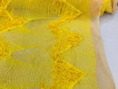 Yellow Fringe Sequins on Nude Mesh, Fringe Design Embroidered on a Mesh 4way Stretch Fancy Sequin-Prom-Gown ( Choose The Size )