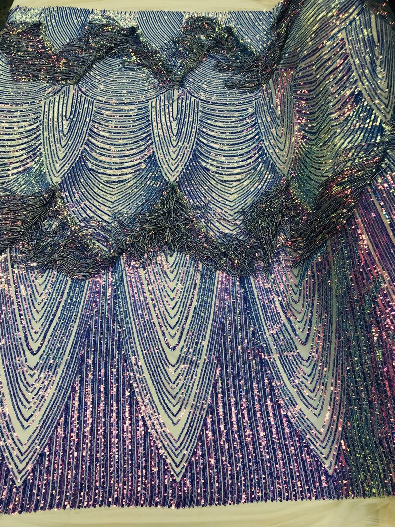 Iridescent Lavender Fringe Sequins on Nude Mesh, Fringe Design Embroidered on a Mesh 4way Stretch Fancy Sequin-Prom-Gown ( Choose The Size )