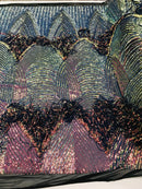 Iridescent Rainbow Fringe Sequins on Black Mesh, Fringe Design Embroidered on a Mesh 4way Stretch Fancy Sequin-Prom-Gown( Choose The Size )