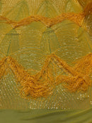 Iridescent DK Yellow Fringe Sequins on Mesh, Fringe Design Embroidered on a Mesh 4way Stretch Fancy Sequin-Prom-Gown ( Choose The Size )