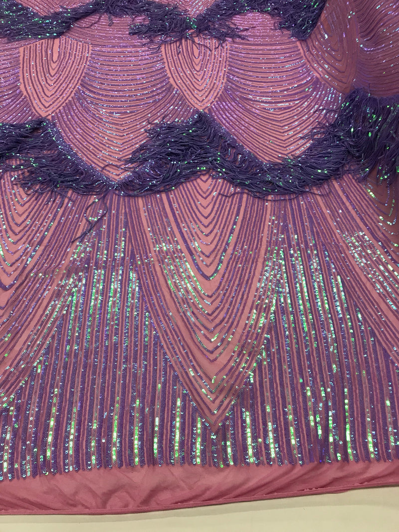 Iridescent Lilac Fringe Sequins on Mauve Mesh, Fringe Design Embroidered on a Mesh 4way Stretch Fancy Sequin-Prom-Gown ( Choose The Size )