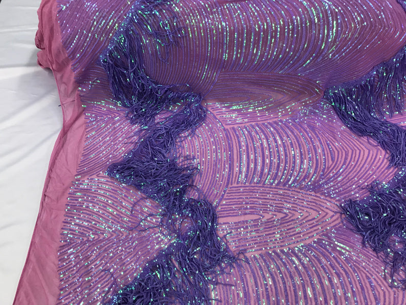 Iridescent Lilac Fringe Sequins on Mauve Mesh, Fringe Design Embroidered on a Mesh 4way Stretch Fancy Sequin-Prom-Gown ( Choose The Size )
