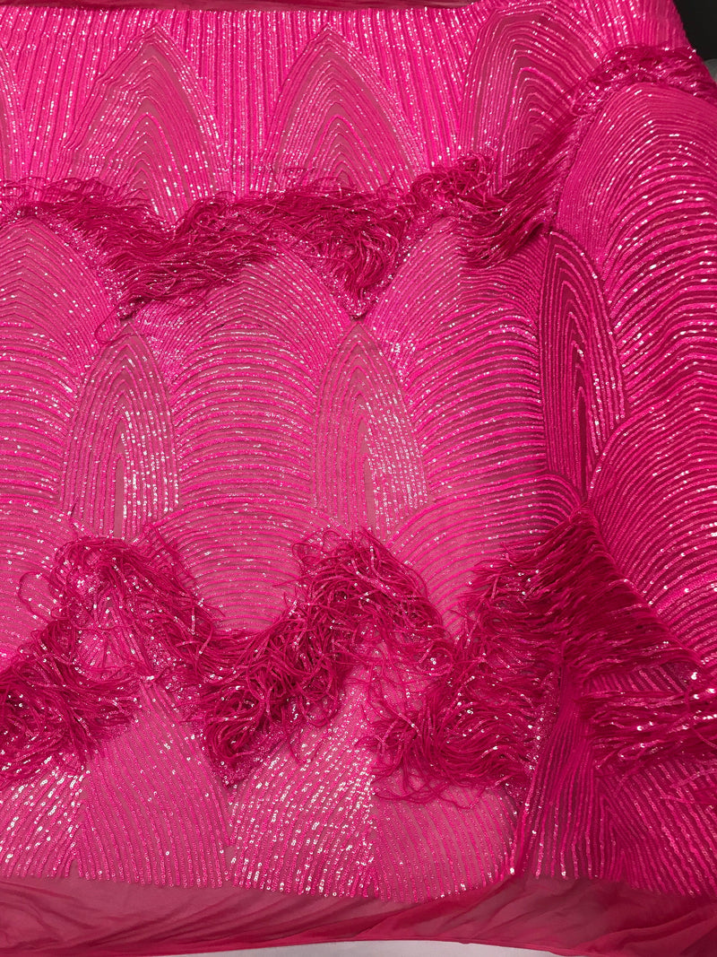 Iridescent Hot Pink Fringe Sequins on Mauve Mesh, Fringe Design Embroidered on a Mesh 4way Stretch Fancy Sequin-Prom-Gown( Choose The Size )