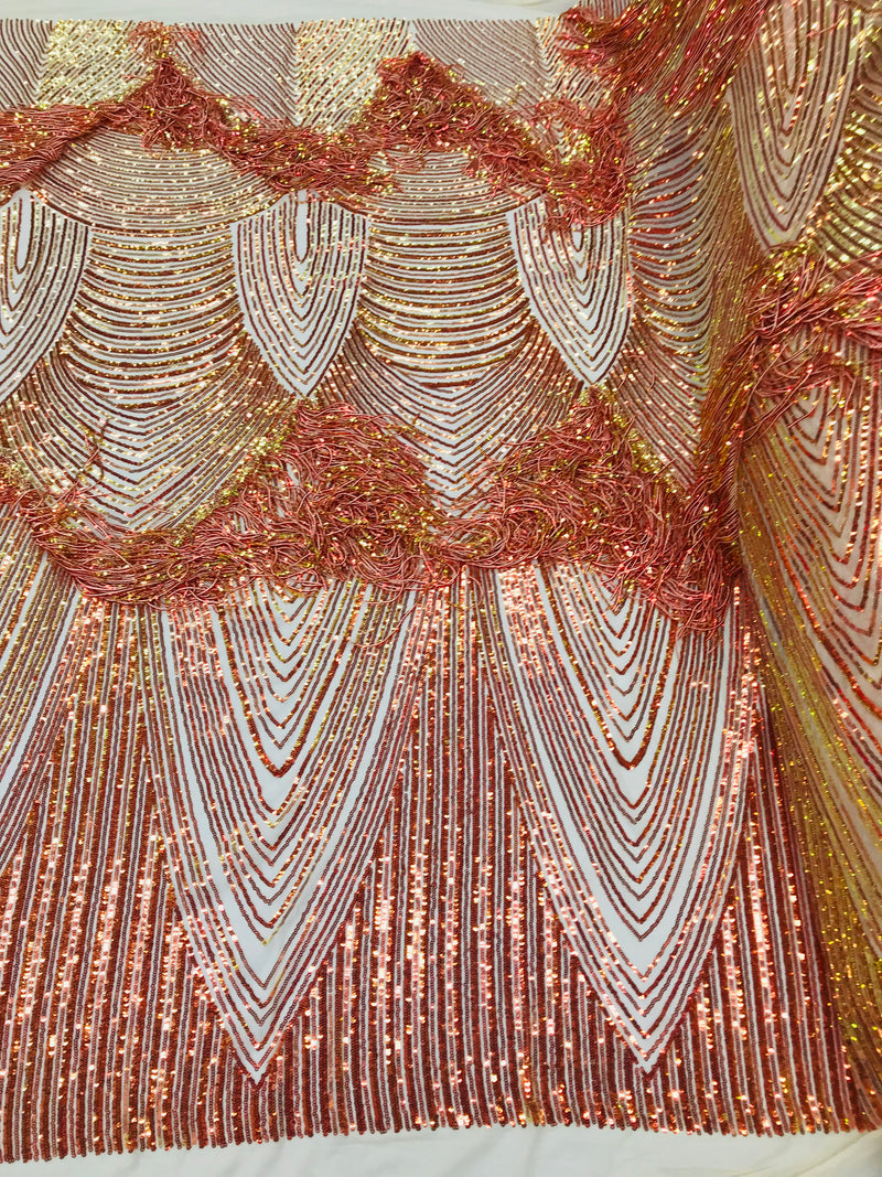 Iridescent Orange Fringe Sequins on Nude Mesh, Fringe Design Embroidered on a Mesh 4way Stretch Fancy Sequin-Prom-Gown ( Choose The Size )