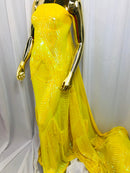 Iridescent Yellow Fringe Sequins on Nude Mesh, Fringe Design Embroidered on a Mesh 4way Stretch Fancy Sequin-Prom-Gown ( Choose The Size )