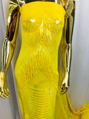 Iridescent Yellow Fringe Sequins on Nude Mesh, Fringe Design Embroidered on a Mesh 4way Stretch Fancy Sequin-Prom-Gown ( Choose The Size )