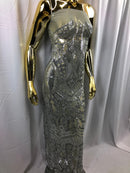 Silver Sequins on Silver Mesh, Royalty Design Embroidered on a Mesh 4 way Stretch Sequin By The Yard -Prom-Gown ( Choose The Size )