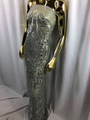 Silver Sequins on Silver Mesh, Royalty Design Embroidered on a Mesh 4 way Stretch Sequin By The Yard -Prom-Gown ( Choose The Size )