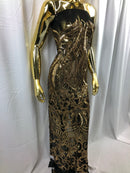 Gold Sequins on Black Mesh, Royalty Design Embroidered on a Mesh 4 way Stretch Sequin By The Yard -Prom-Gown ( Choose The Size )