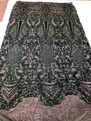 Sequin Hunter Green Lace Fabric, DAMASK Design Embroidered on a Mesh 4 way Stretch Sequin By The Yard -Prom-Gown ( Choose The Size )