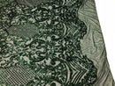 Sequin Hunter Green Lace Fabric, DAMASK Design Embroidered on a Mesh 4 way Stretch Sequin By The Yard -Prom-Gown ( Choose The Size )