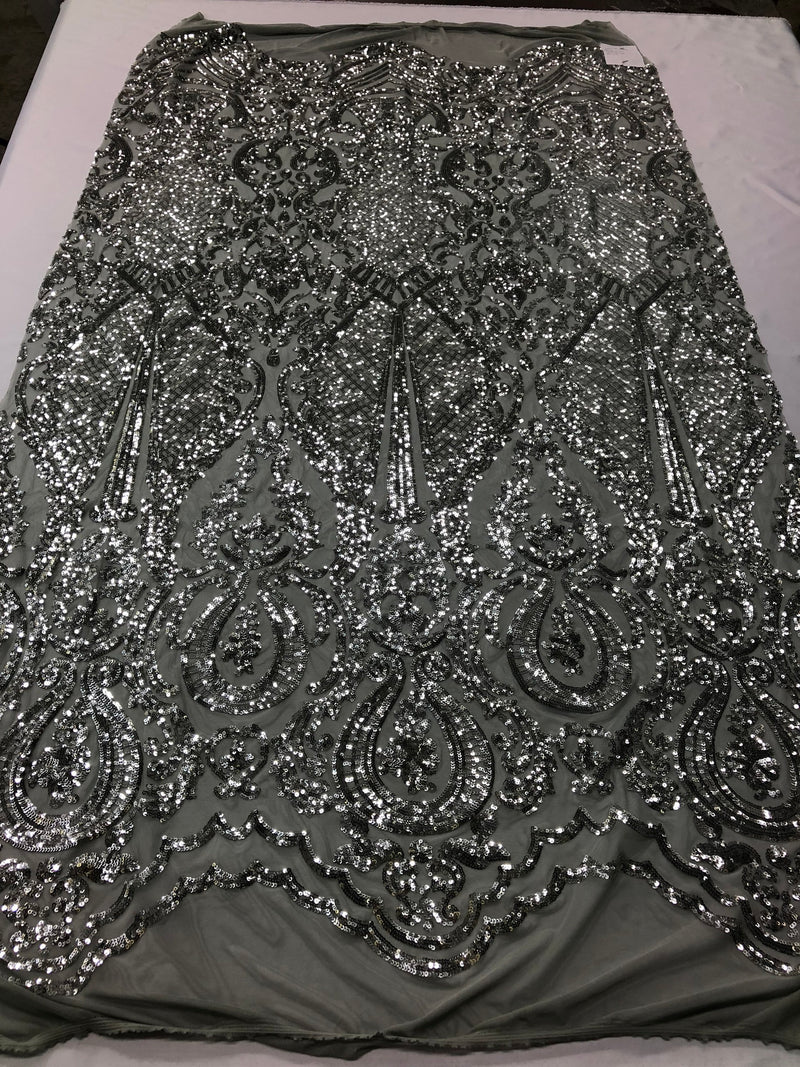 Sequin Silver Lace Fabric, DAMASK Design Embroidered on Silver Mesh 4 way Stretch Sequin By The Yard -Prom-Gown ( Choose The Size )