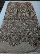 Sequin Rose Gold Lace Fabric, DAMASK Design Embroidered on a Mesh 4 way Stretch Sequin By The Yard -Prom-Gown ( Choose The Size )