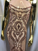 Sequin Rose Gold Lace Fabric, DAMASK Design Embroidered on a Mesh 4 way Stretch Sequin By The Yard -Prom-Gown ( Choose The Size )