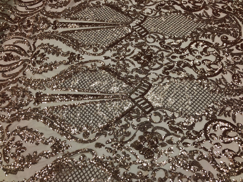 Sequin Rose Gold Lace Fabric, DAMASK Design Embroidered on a Mesh 4 way Stretch Sequin By The Yard -Prom-Gown ( Choose The Size )