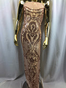 Sequin Rose Gold Lace Fabric, DAMASK Design Embroidered on a Mesh 4 way Stretch Sequin By The Yard -Prom-Gown ( Choose The Size )