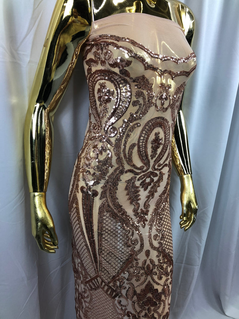 Sequin Rose Gold Lace Fabric, DAMASK Design Embroidered on a Mesh 4 way Stretch Sequin By The Yard -Prom-Gown ( Choose The Size )