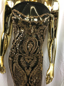 Sequin Gold Lace Fabric, DAMASK Design Embroidered on Black Mesh 4 way Stretch Sequin By The Yard -Prom-Gown ( Choose The Size )