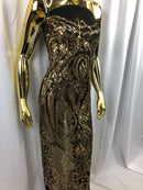 Sequin Gold Lace Fabric, DAMASK Design Embroidered on Black Mesh 4 way Stretch Sequin By The Yard -Prom-Gown ( Choose The Size )