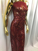 Sequins Burgundy Lace Fabric, DAMASK Design Embroidered on a Mesh 4 way Stretch Sequin By The Yard -Prom-Gown ( Choose The Size )