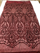 Sequins Burgundy Lace Fabric, DAMASK Design Embroidered on a Mesh 4 way Stretch Sequin By The Yard -Prom-Gown ( Choose The Size )