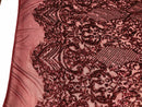Sequins Burgundy Lace Fabric, DAMASK Design Embroidered on a Mesh 4 way Stretch Sequin By The Yard -Prom-Gown ( Choose The Size )