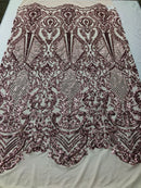 Sequins Pink Lace Fabric, DAMASK Design Embroidered on a Mesh 4 way Stretch Sequin By The Yard -Prom-Gown ( Choose The Size )