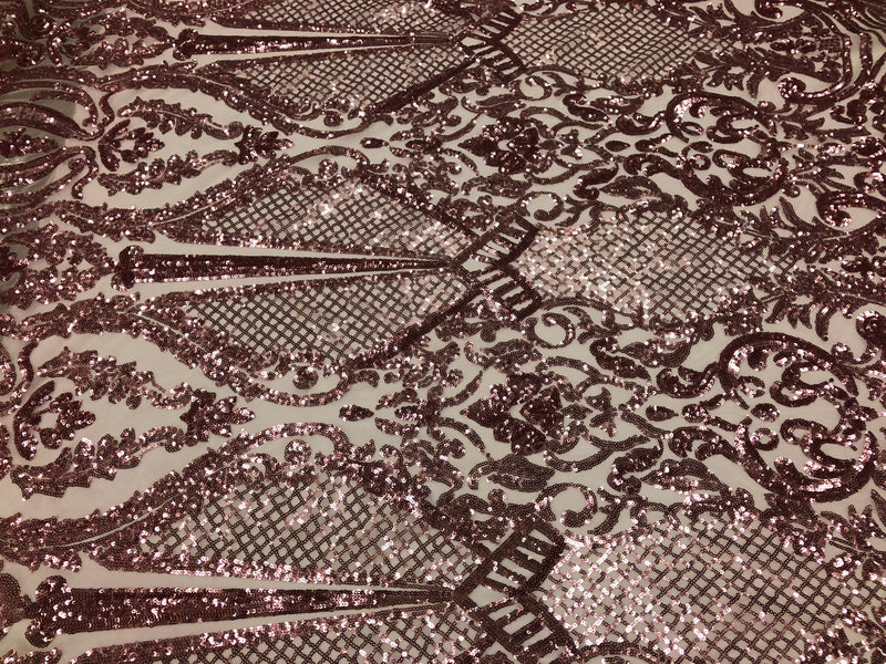 Sequins Pink Lace Fabric, DAMASK Design Embroidered on a Mesh 4 way Stretch Sequin By The Yard -Prom-Gown ( Choose The Size )