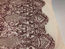 Sequins Pink Lace Fabric, DAMASK Design Embroidered on a Mesh 4 way Stretch Sequin By The Yard -Prom-Gown ( Choose The Size )