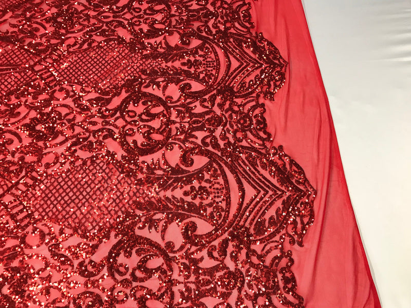 Sequins Red Lace Fabric, DAMASK Design Embroidered on a Mesh 4 way Stretch Sequin By The Yard -Prom-Gown ( Choose The Size )