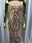 Sequins Rose Gold Lace Fabric, DAMASK Design Embroidered on a Mesh 4 way Stretch Sequin By The Yard -Prom-Gown ( Choose The Size )