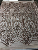 Sequins Rose Gold Lace Fabric, DAMASK Design Embroidered on a Mesh 4 way Stretch Sequin By The Yard -Prom-Gown ( Choose The Size )