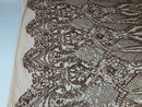 Sequins Rose Gold Lace Fabric, DAMASK Design Embroidered on a Mesh 4 way Stretch Sequin By The Yard -Prom-Gown ( Choose The Size )