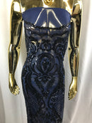 Sequins Navy Lace Fabric, DAMASK Design Embroidered on a Mesh 4 way Stretch Sequin By The Yard -Prom-Gown ( Choose The Size )