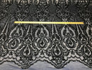 Sequins Navy Lace Fabric, DAMASK Design Embroidered on a Mesh 4 way Stretch Sequin By The Yard -Prom-Gown ( Choose The Size )