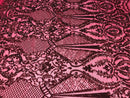 Damask Sequins - Burgundy - Lace Fabric Design Embroidered on a 4 Way Stretch Mesh