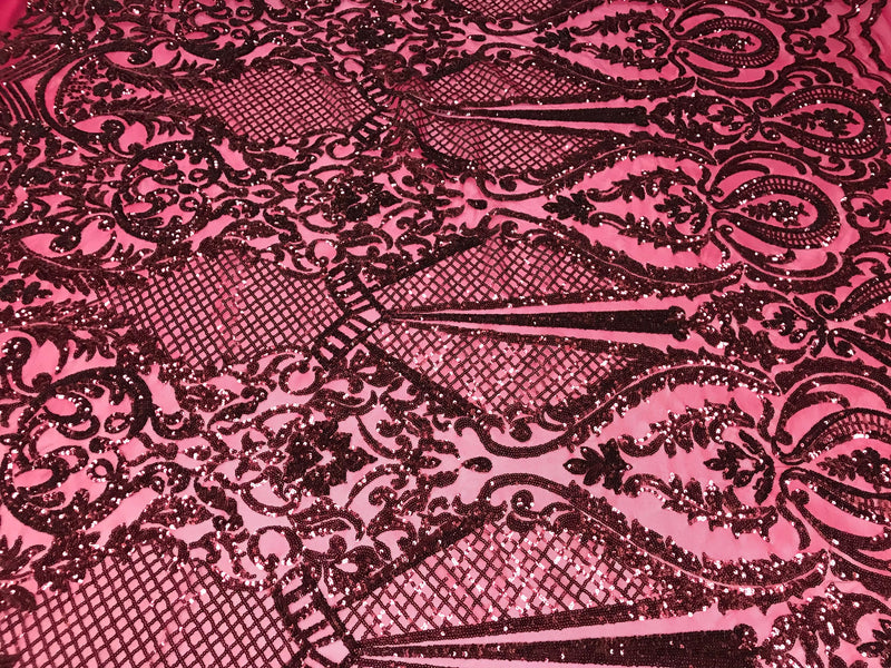 Damask Sequins - Burgundy - Lace Fabric Design Embroidered on a 4 Way Stretch Mesh