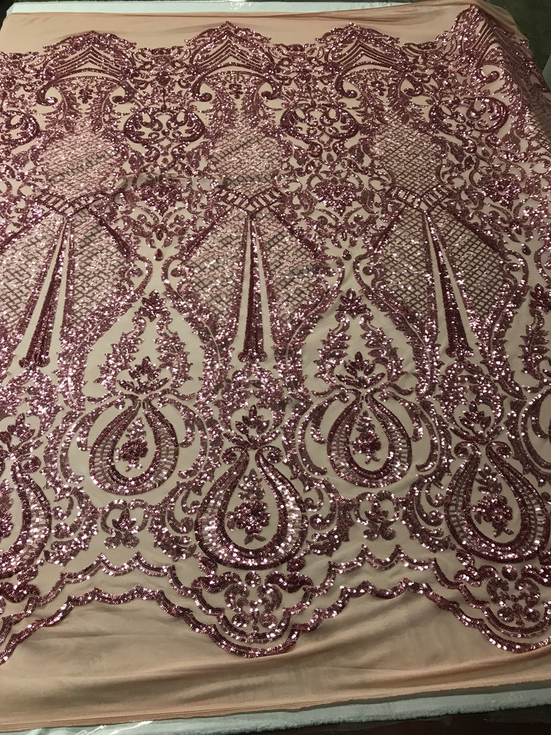 Sequins Dusty Rose Lace Fabric, DAMASK Design Embroidered on a Mesh 4 way Stretch Sequin By The Yard -Prom-Gown ( Choose The Size )