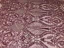 Sequins Dusty Rose Lace Fabric, DAMASK Design Embroidered on a Mesh 4 way Stretch Sequin By The Yard -Prom-Gown ( Choose The Size )