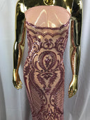 Sequins Dusty Rose Lace Fabric, DAMASK Design Embroidered on a Mesh 4 way Stretch Sequin By The Yard -Prom-Gown ( Choose The Size )