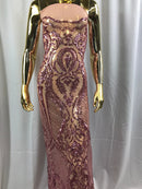 Sequins Dusty Rose Lace Fabric, DAMASK Design Embroidered on a Mesh 4 way Stretch Sequin By The Yard -Prom-Gown ( Choose The Size )