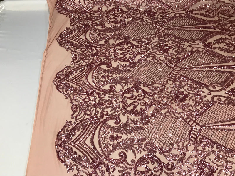 Sequins Dusty Rose Lace Fabric, DAMASK Design Embroidered on a Mesh 4 way Stretch Sequin By The Yard -Prom-Gown ( Choose The Size )