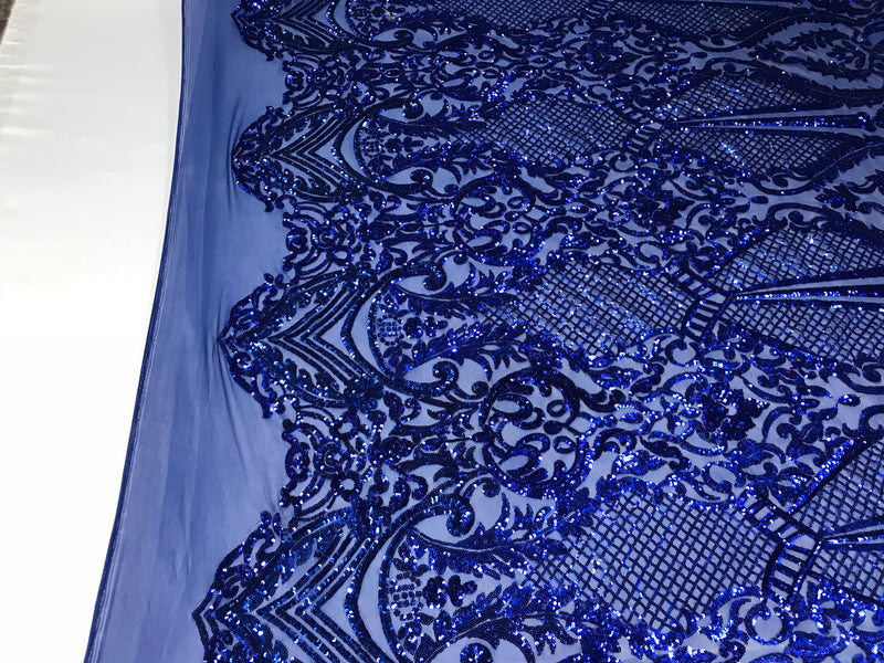 Sequins Royal Blue Lace Fabric, DAMASK Design Embroidered on a Mesh 4 way Stretch Sequin By The Yard -Prom-Gown ( Choose The Size )