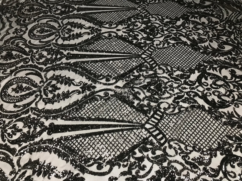 Sequins Black Lace Fabric, DAMASK Design Embroidered on a Mesh 4 way Stretch Sequin By The Yard -Prom-Gown ( Choose The Size )