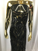 Sequins Black Lace Fabric, DAMASK Design Embroidered on a Mesh 4 way Stretch Sequin By The Yard -Prom-Gown ( Choose The Size )