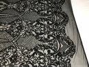 Sequins Black Lace Fabric, DAMASK Design Embroidered on a Mesh 4 way Stretch Sequin By The Yard -Prom-Gown ( Choose The Size )
