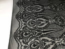 Sequins Black Lace Fabric, DAMASK Design Embroidered on a Mesh 4 way Stretch Sequin By The Yard -Prom-Gown ( Choose The Size )